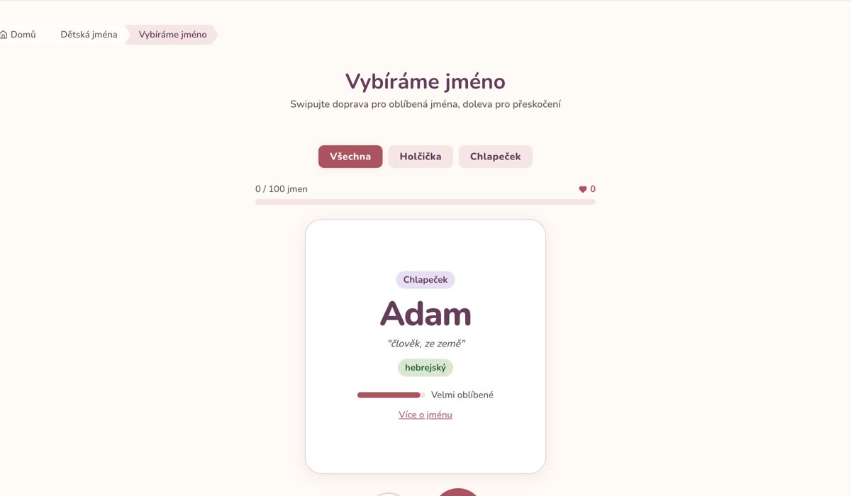 Interactive baby-name picker in Vítej Baby